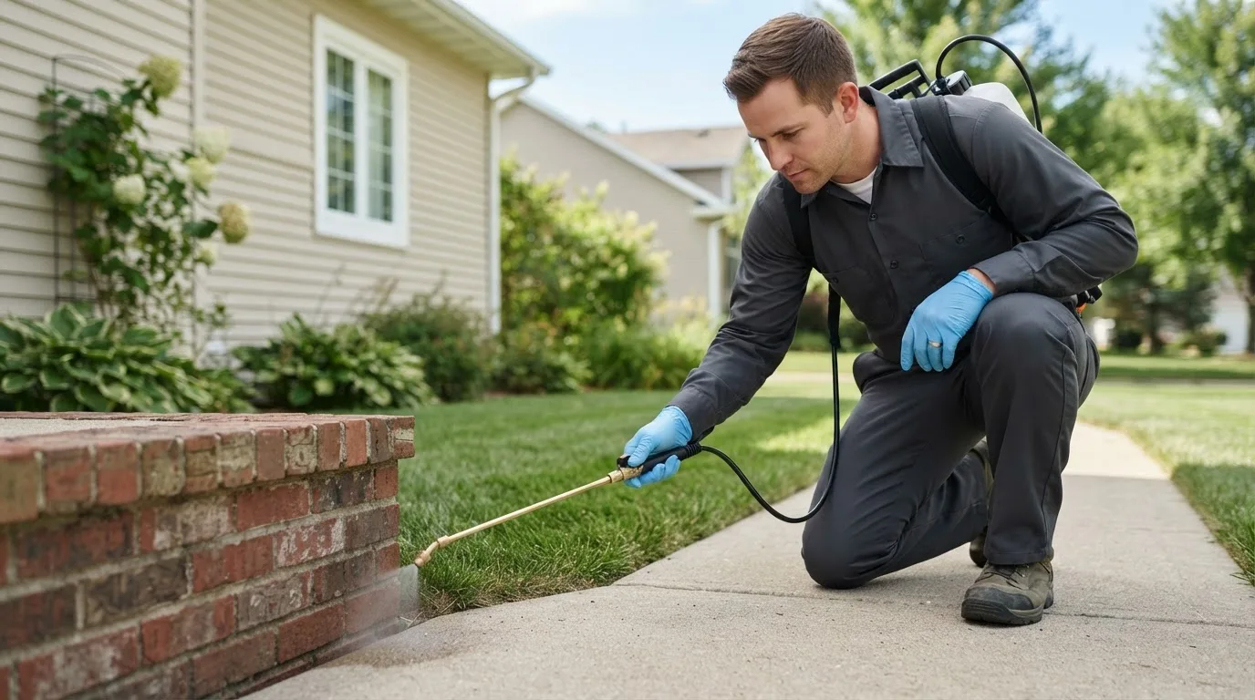 Pest control technician treating a home near Frankfort, KS